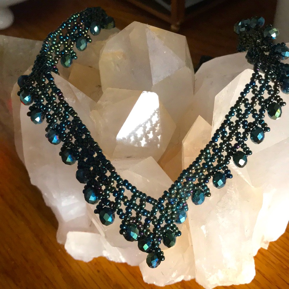 Vintage Peacock Sparkly Beaded Necklace